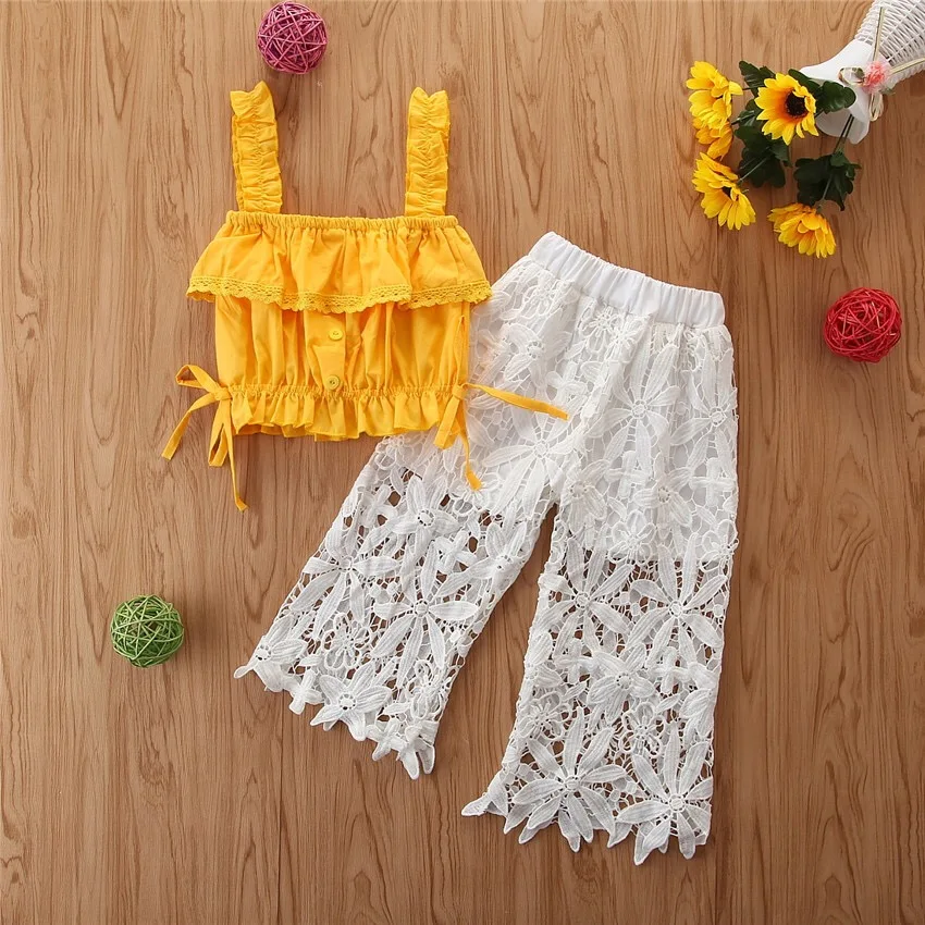 

New Boutique Summer toddler Girls ruffled sleeveless top + long lace pants 2pcs clothing Set, Picture shows