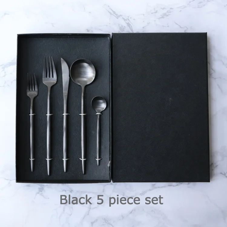 
Portuguese brushed black steak knife fork spoon pointed tail stainless steel black European style flatware 