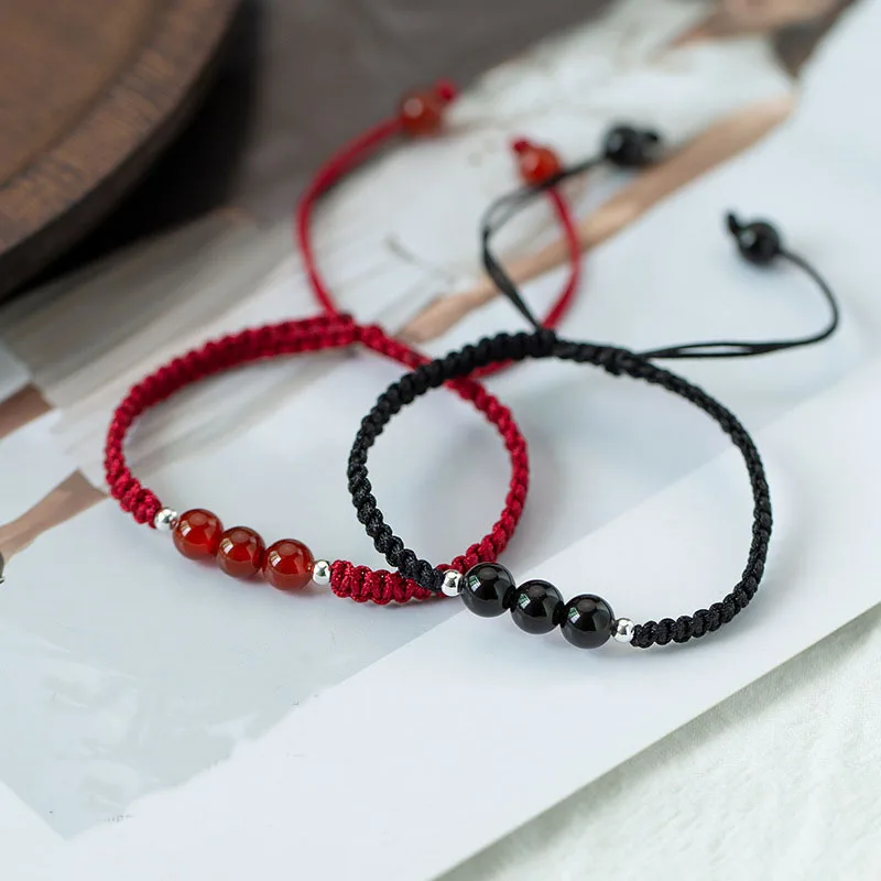 

New Arrival Red Black Agate Beads Braided Bracelet Obsidian Beads Handmade Adjustable Couple Bracelet Jewelry