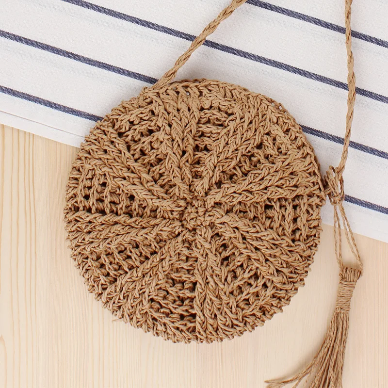 

Straw Bag with Tassel Simple Useful Round Straddle Handmade Single-shoulder Summer Beach, Beige/light brown