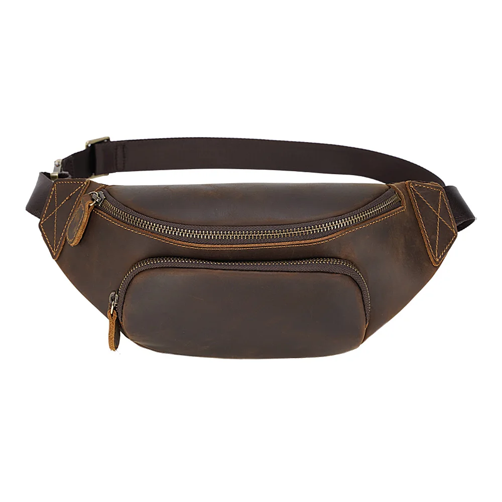 

TIDING Dropshipping Custom Vintage Brown Fanny Pack Bag Crazy Horse Leather Waist Belt Bag