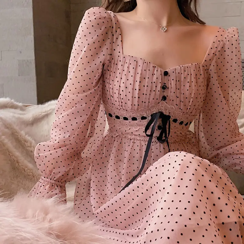 

French Vintage Midi Dress Women Puffer Sleeve Square Collor Office Elegant Dress Female 2021 Korean Spring Dot One Piece Dress, Red, khaki, green, black, pink,yellow, white, blue, gray, skin, coffee