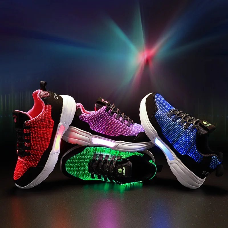 
2019 spring new flying woven fiber optic USB charging LED illuminating shoes 