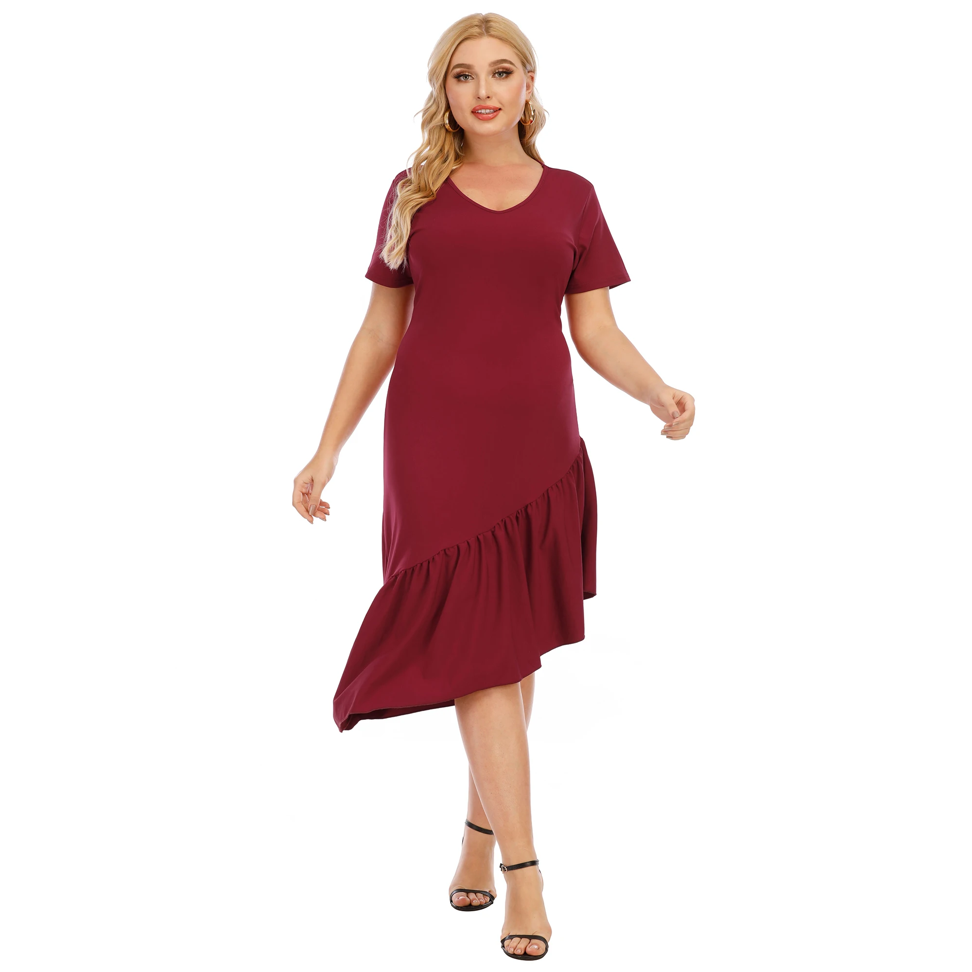 

Cross-border large size women's wine red dress splicing flounty irregular V-neck short sleeve evening dress, Yellow