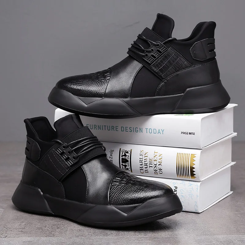 

New slip on high-tops men's black boot, fashion leather pu crocodile skin boots for men