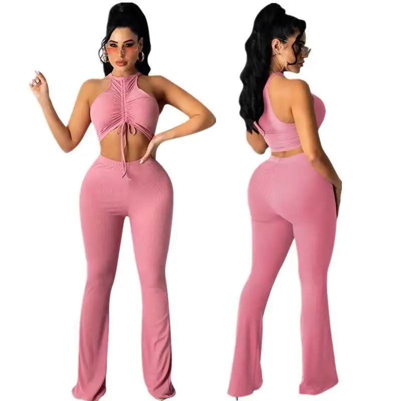 

New arrivals comfortable cotton summer outfits 2 piece ladies sexy blouse tops and wide leg pants set casual style, 4 colors as picture