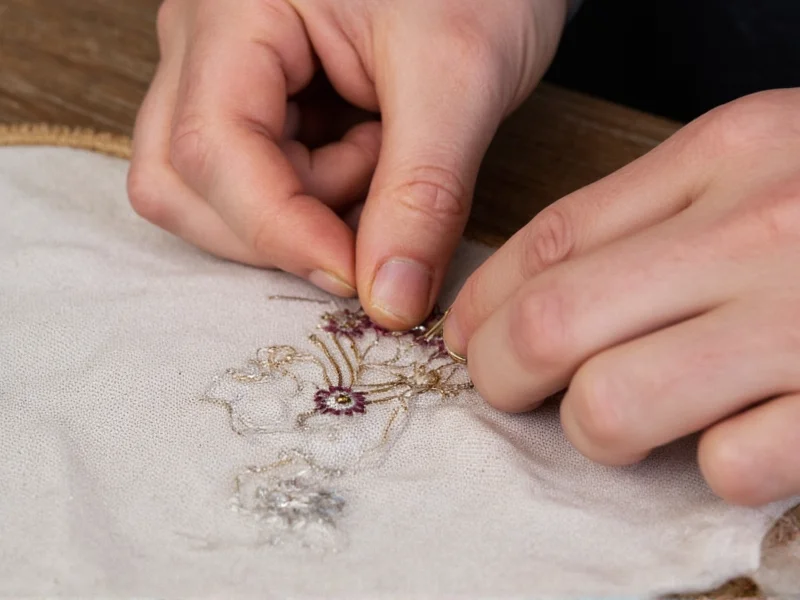 Close-up of hands demonstrating intricate embroidery technique on sustainable fabric