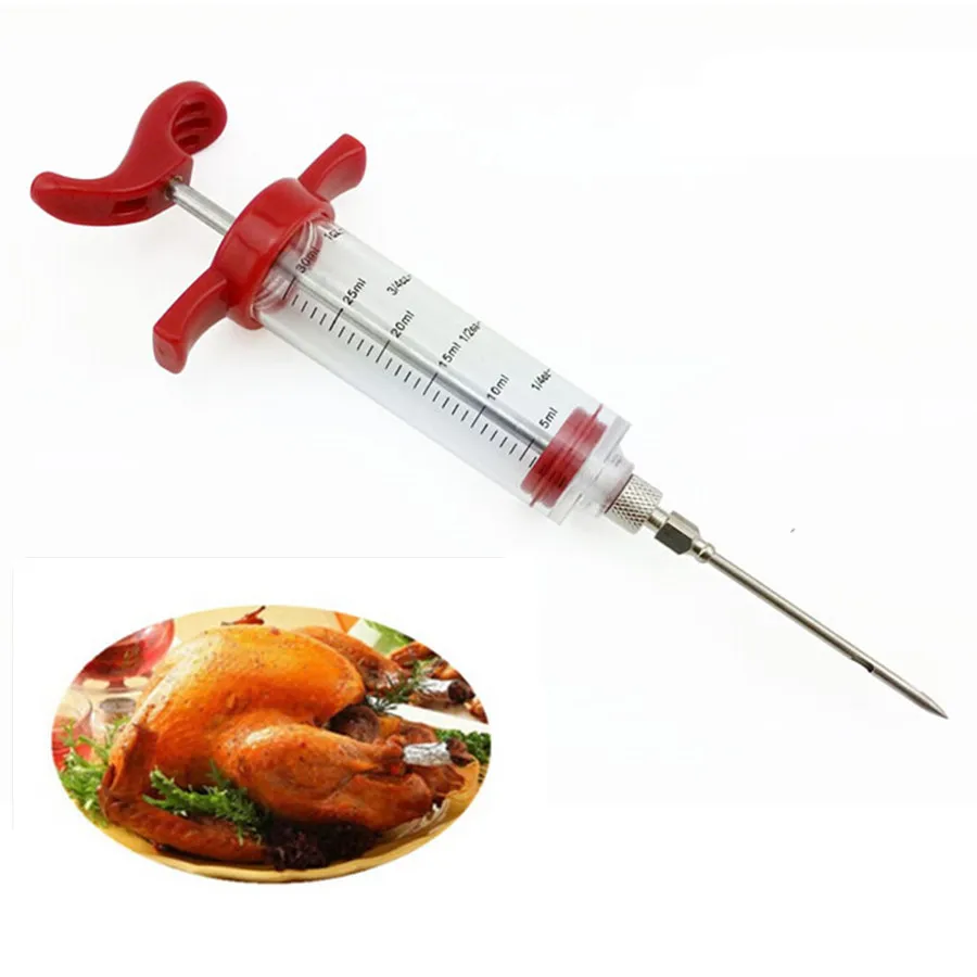 

Stainless Steel Needle BBQ Injector Cooking Meat Poultry Chicken Seasoning Marinade BBQ Injector, Red