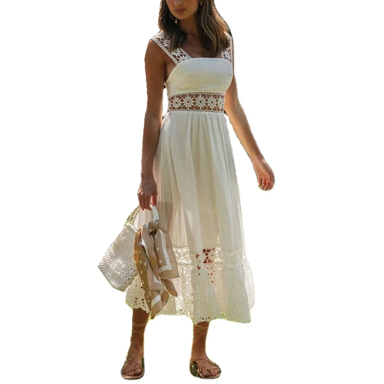 

2021 Trendy Nowadays Sexy Party Evening Strap Embroidered White Dress Beachwear Hollow Out Midi Casual Dress