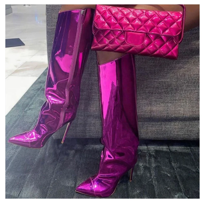 

Colors Custom Women Mirror Metallic Knee High Boots Pointed Toe Stiletto Boots Calf High Long Boots For Lady High Heels Shoes