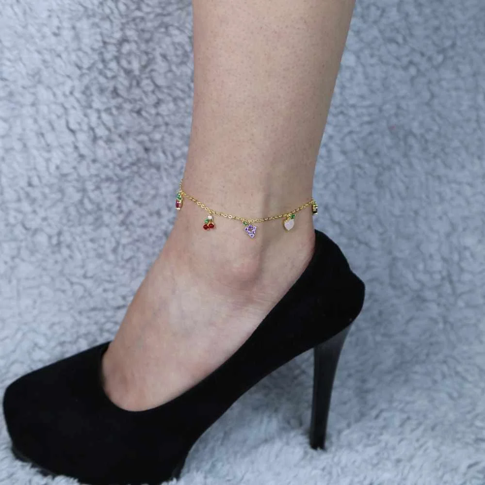 

2021 Summer new fashion Cute apple grape stawberry cherry fruit design anklet for lovely girl delicate foot leg chain jewelry