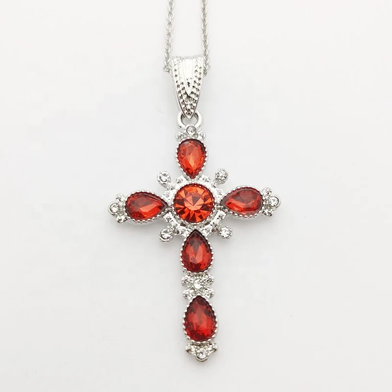 

Best Selling Cross Pendant Necklace Cable Chain Red Crystal Shiny Religious Jewelry Necklaces Birthday Gift for Women