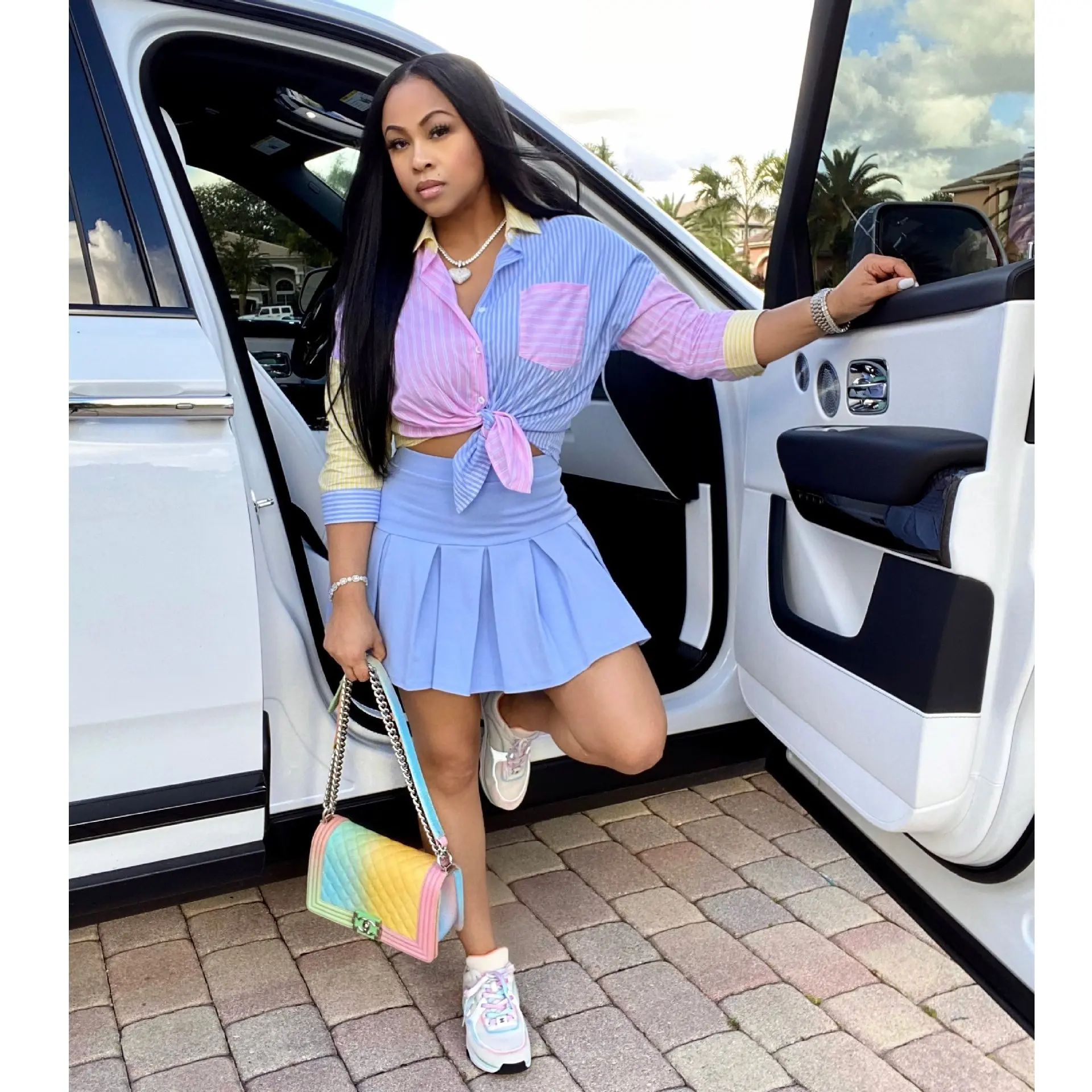 

H7138 - Skirt And Top Sexy Plaid Patchwork Women Two Piece Outfits