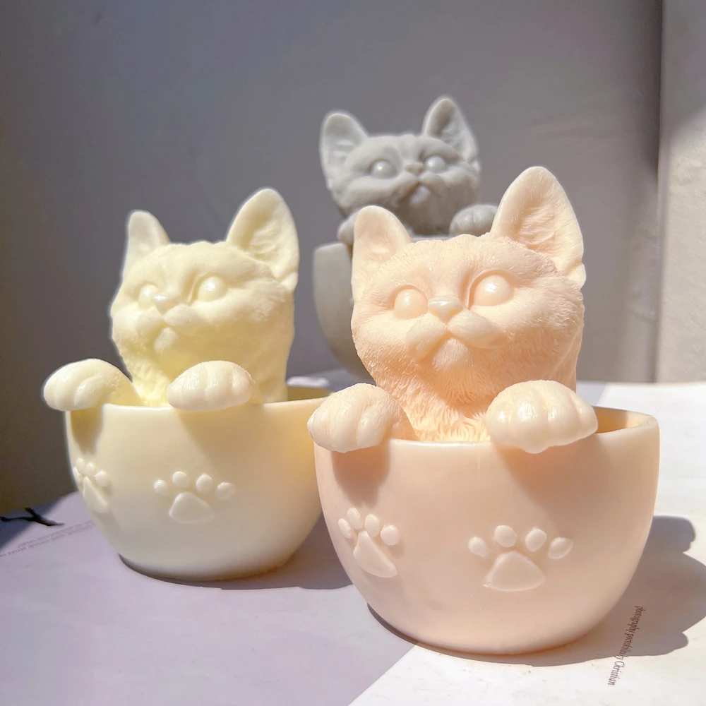 Cute Cup Cat Candle Silicone Mold Animal Soy Wax Silicone Mould Cats Lover Home Decor Gift