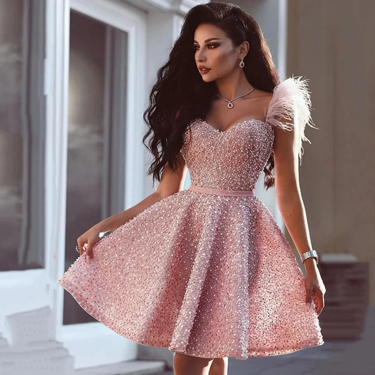

Crystal Feathers Luxury Pink Prom Dresses Party Maxi Sequin Evening Vestidos De Graduation Dresses Short Sexy Homecoming Dress
