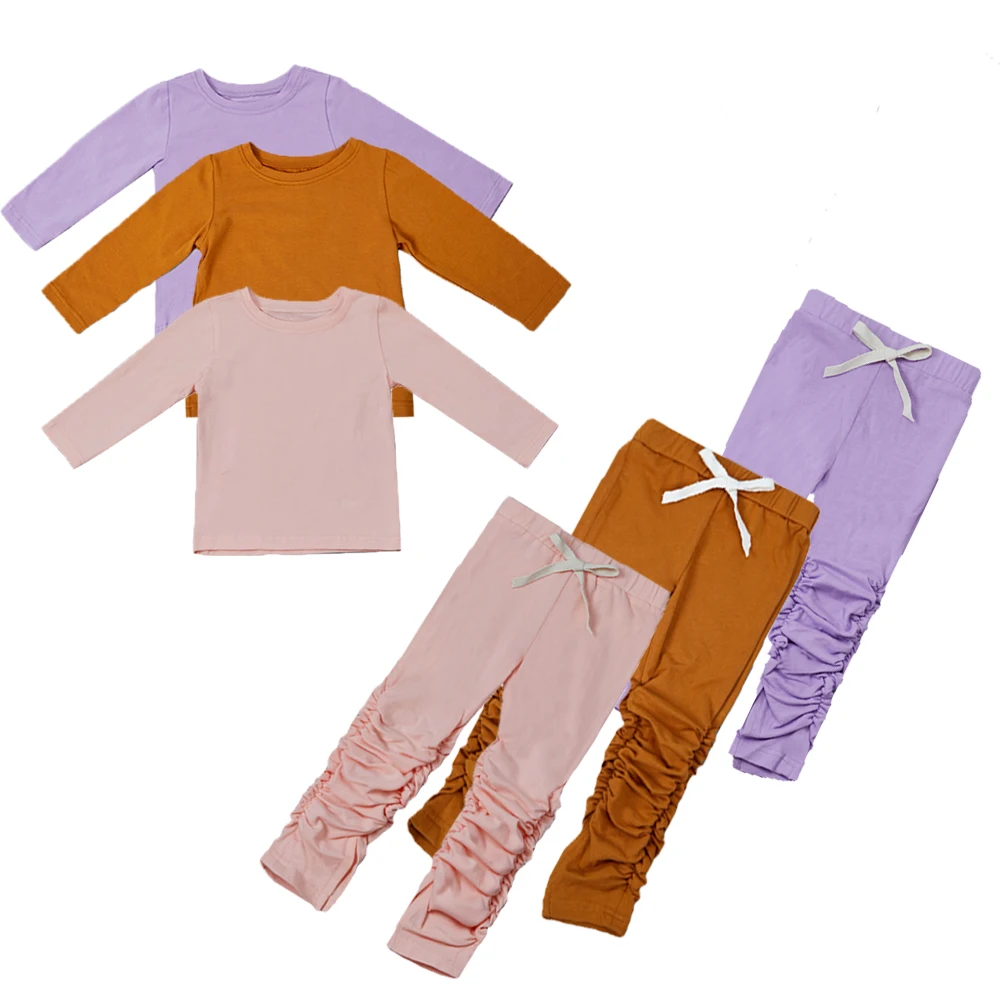

High Quality Plain Toddler Girl Clothes Leggings Joggers 2 Piece Long Sleeve Set Kids Stacked Pants Set