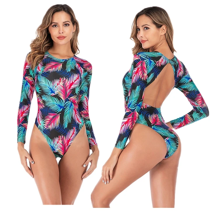 

Womens Long Sleeve Rash Guard UV UPF 50+ Sun Protection Printed Zipper Surfing One Piece Swimsuit Bathing Suit