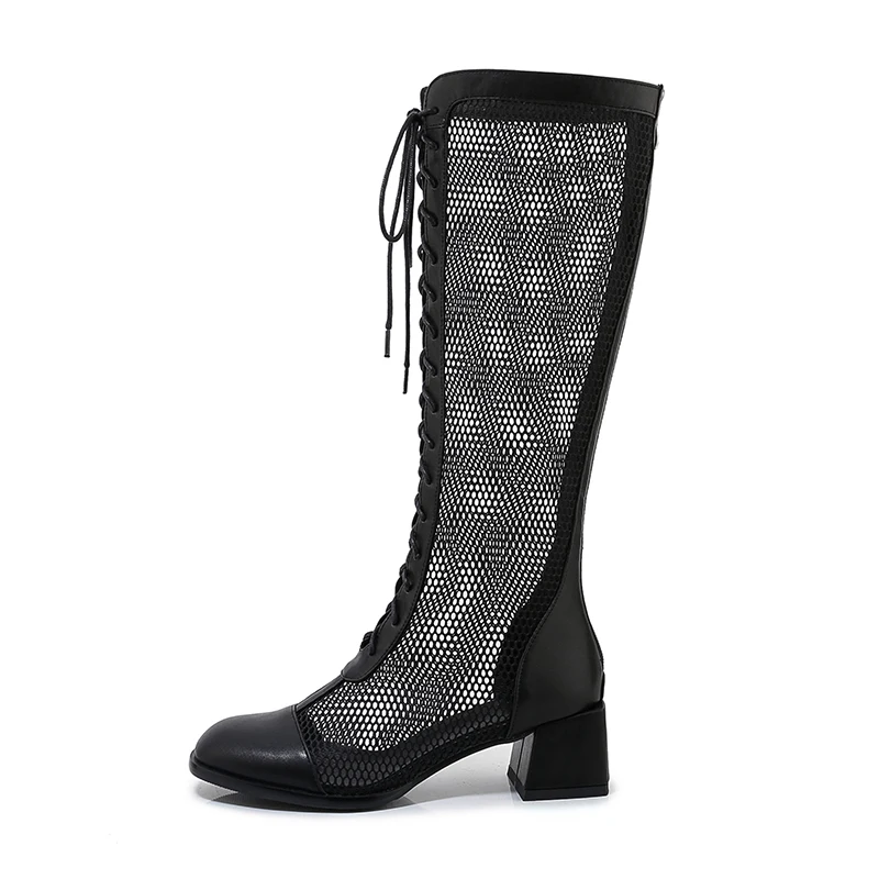 

Women's Roman Block Sexy Low Heel Mesh Lace Up Knee High Summer Boots, White/black/ecru