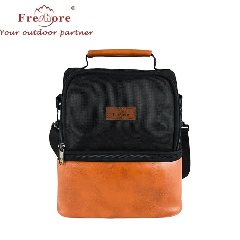 

12 Cans Double Deck Reusable Insulated Lunch Cooler Bag High-end PU leather with Shoulder Strap and Handle for Work, School, Customized color