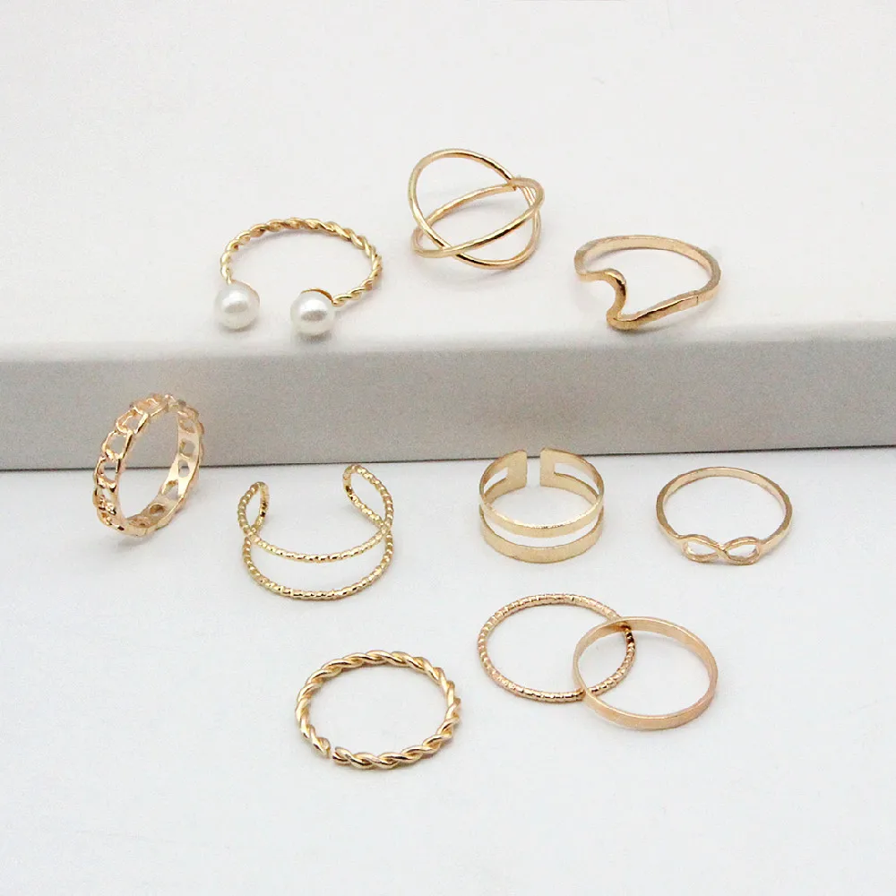 

Sandro 10-piece set of simple pearl cross twist circle joint ring with ring