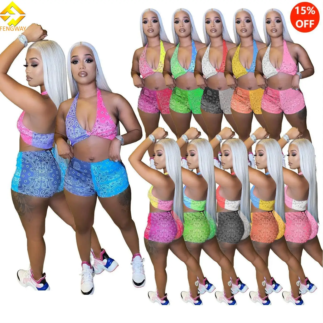 

wholesale girls crop top and short pants set bandanna print set women two piece backless sport bra short set