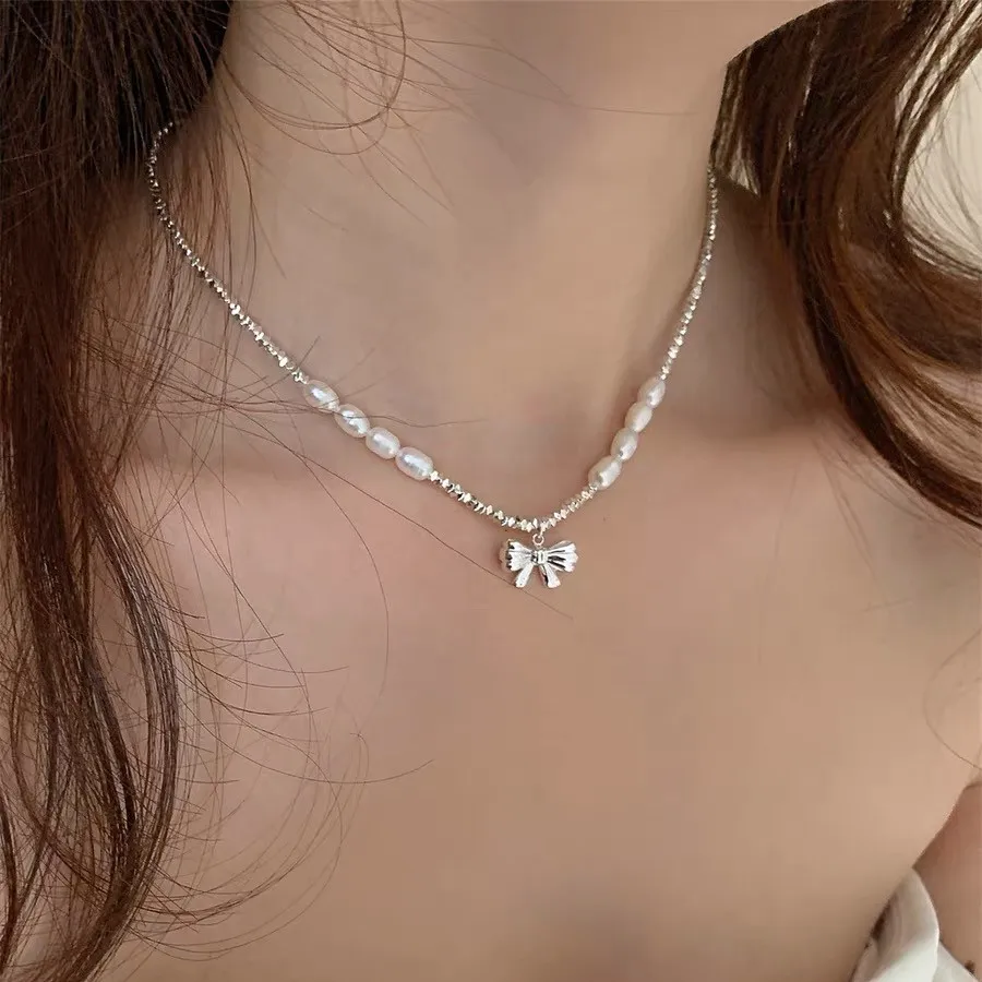 

Natural Pearl Broken Silver Bow Necklace Baroque Freshwater Short Pearl Necklace Temperament Korean Niche Necklace