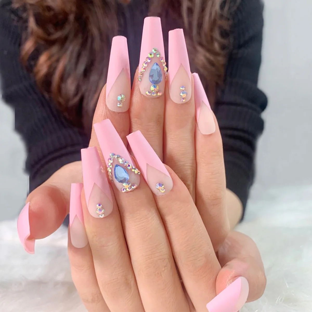 

Wholesale Artificial Fingernails Ballerina Nail French Crystal Press On Nails With Rhinestones Faux Ongles