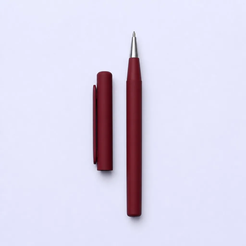 Burgundy pen and its cap separated and placed side by side