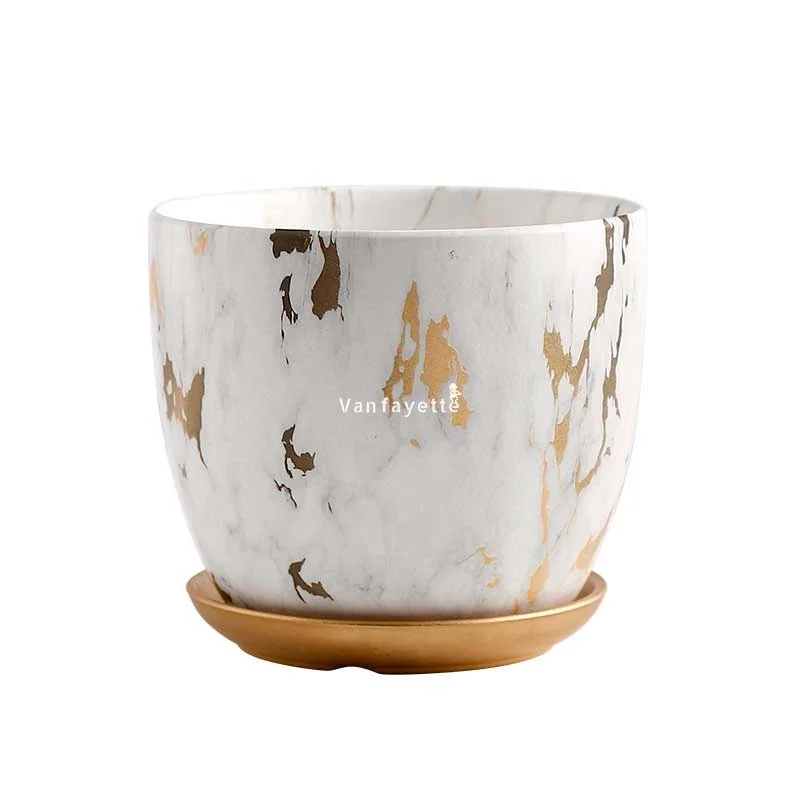 

8" Best Place to Buy Big Indoor Plant Pots Wide Plant Pot 8 Inch Ceramic Flower Pot with Saucer, Golden marbling