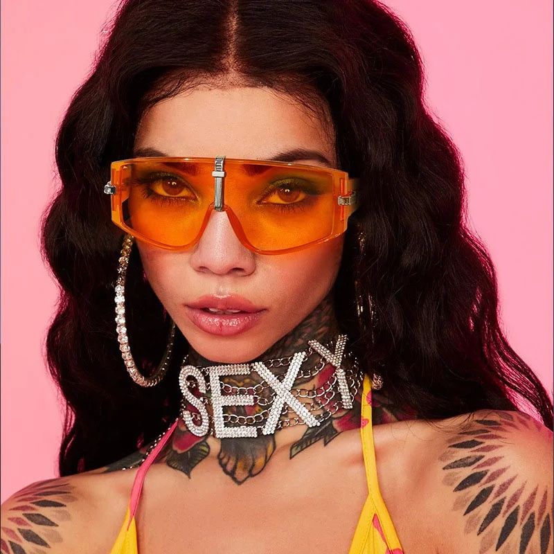 

New European trend net red windproof personality one-piece sunglasses big frame ocean yellow fashion sunglasses women