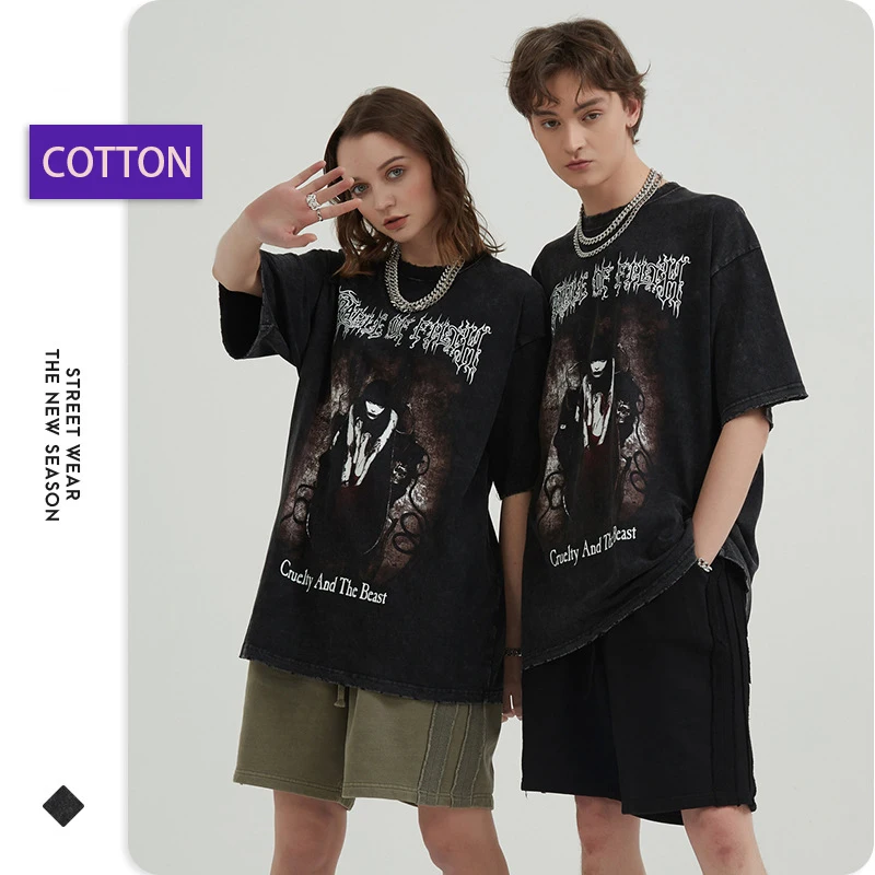 

Men's casual washed cotton T-shirts print loose tops nostalgic retro sportswear running basketball hip hop clothes 250grams