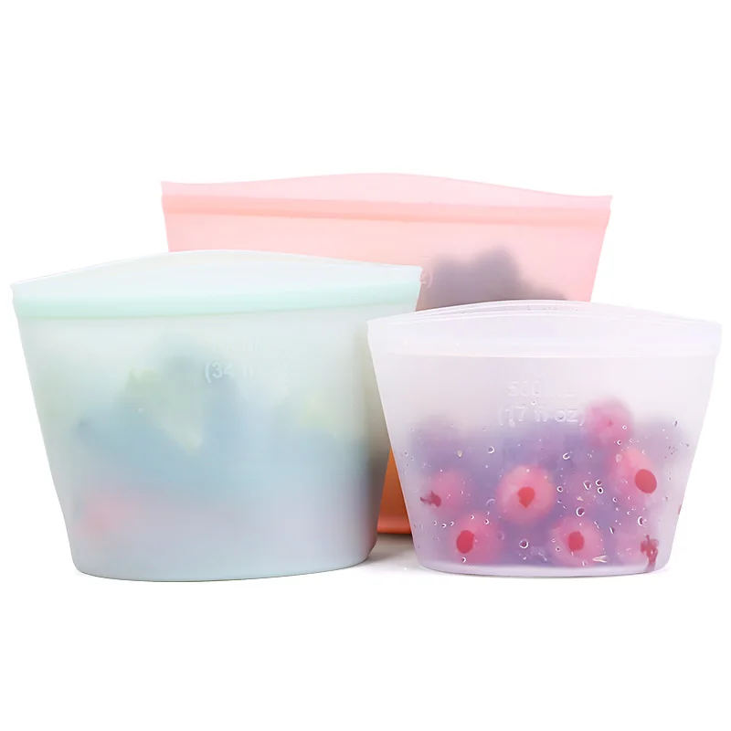 

New Products Eco-Friendly Washable Silicone Food Storage Bag, Clear quartz pink,clear mint green, clear light blue, clear