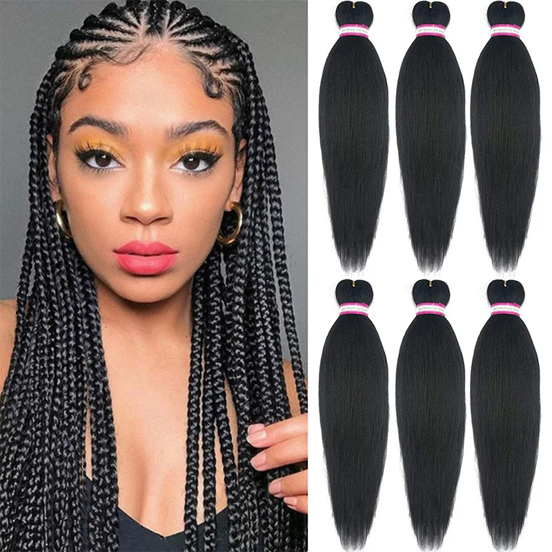 

66 cm Ombre Braiding Hair Extensions Pre Stretched Braiding Hair 26 Inch Yaki Straight Synthetic Hot Water Setting, Black brown red pink purple