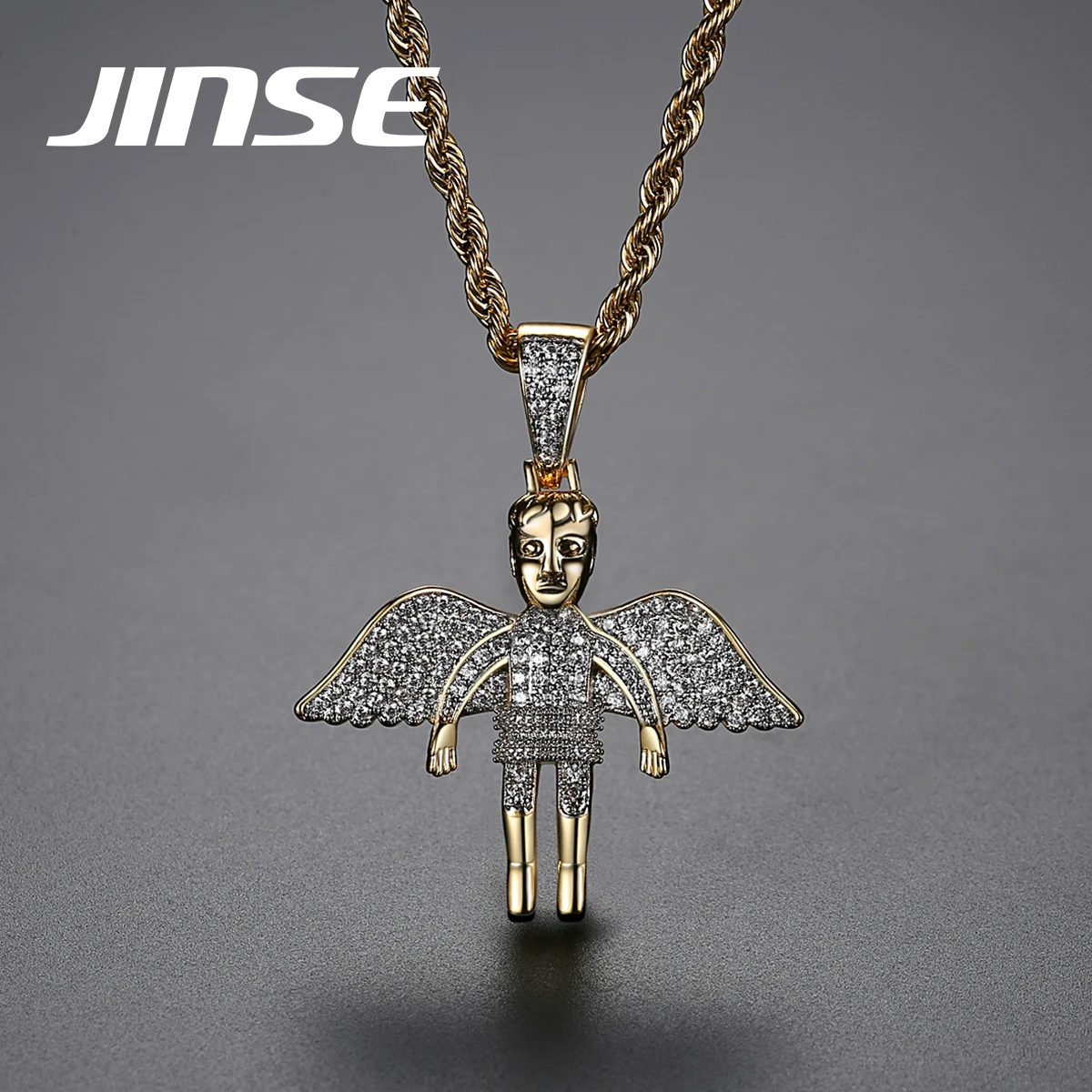 

JINSE Double Gold Color Zircon Angel Pendant Necklace Charm for Men Women Street HipHop Jewelry Brass Jewelry Wholesale