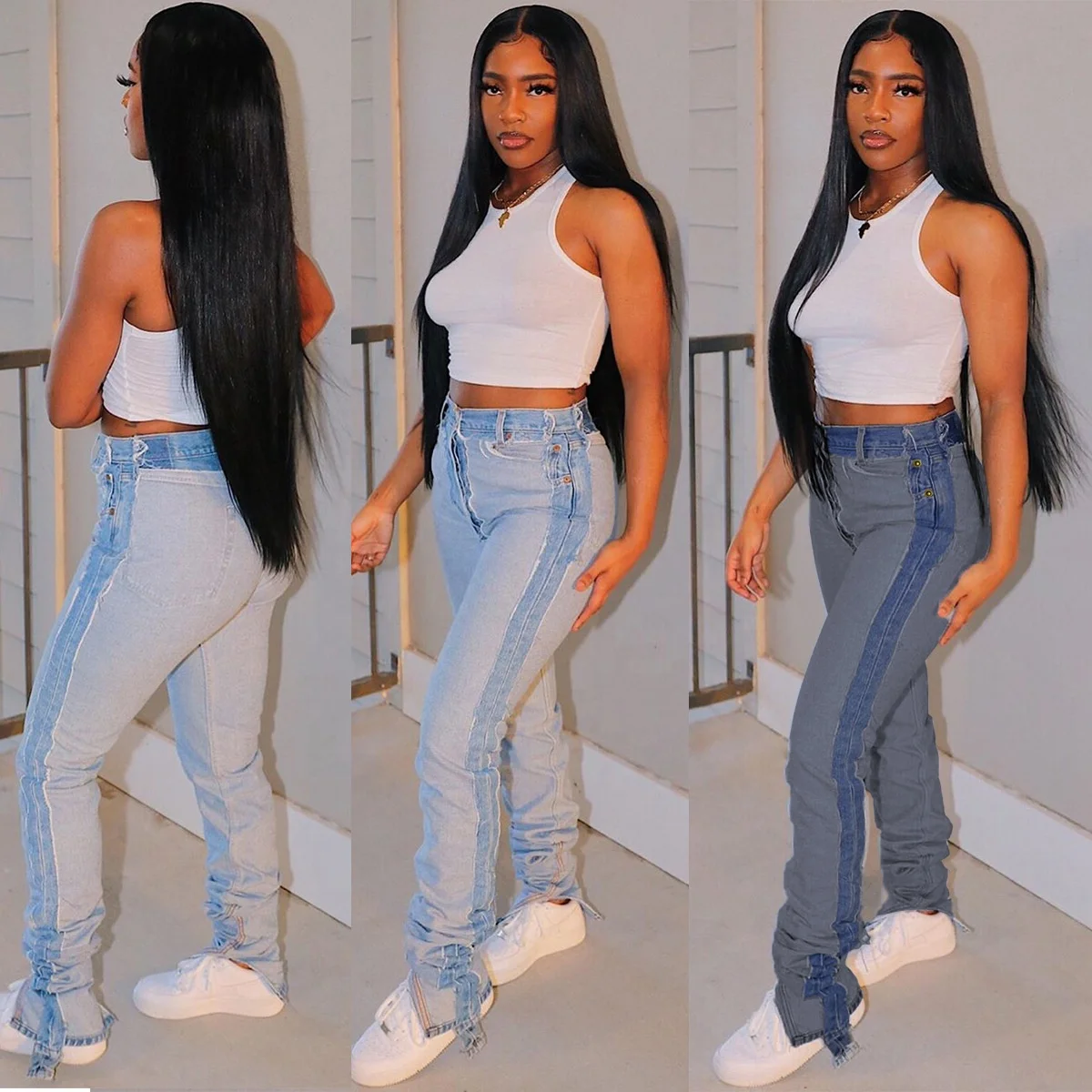 

AI173-7092 Wholesale Women's Stacked Jeans 2020 Style Ladies Sexy Pants women jean