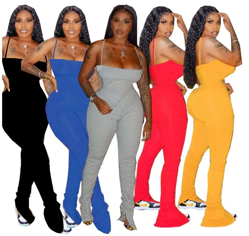 

0042817 Summer 2020 Ladies Wholesale Custom drape slit solid color stacked Jump Suit Women One Piece Jumpsuits And Rompers