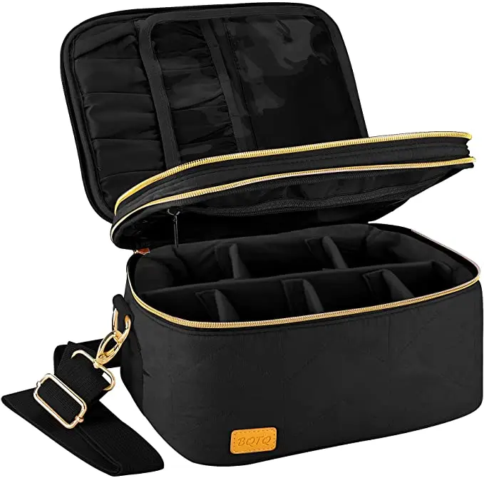 

Qetesh Big Capacity Double Layer Travel Cosmetic Case With Strap And Detachable Dividers For Logo Cosmetics Bag And Case, As picture