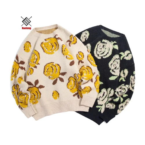 

100% Cotton Unisex Flower Pattern Round-Collar Warm Winter Pullover Sweater Men