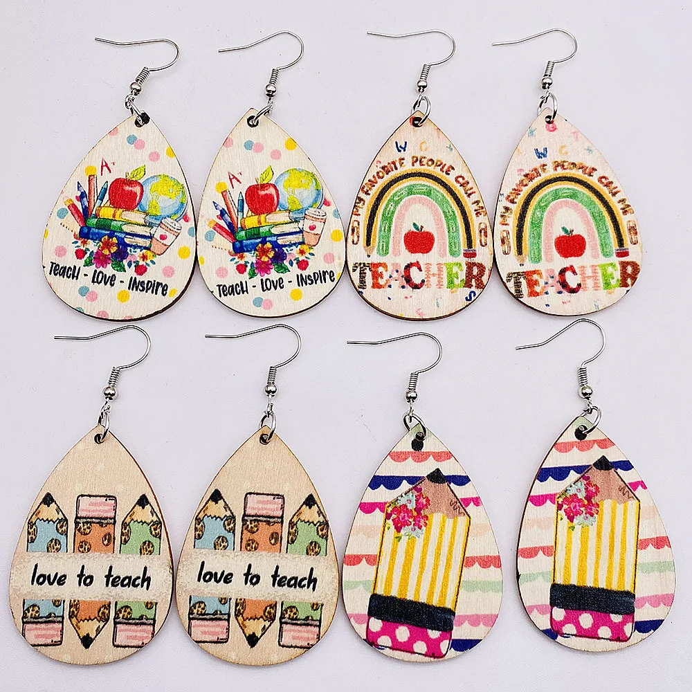

Popular Wooden Earrings For Teacher's Day Gifts Letter TEACHER Pencil Book Pattern Teardrop Pendant Earrings