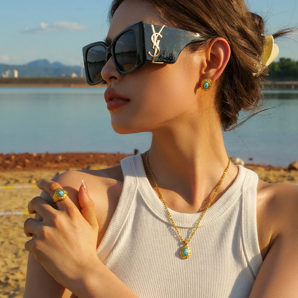 

Hammer Pattern Earrings Necklaces 18k Gold Plated Stainless Steel Turquoise Rings Set For Girls