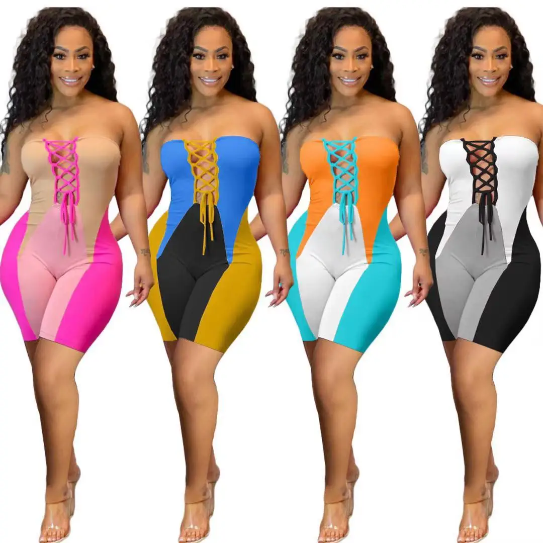 

2021 new design fashion casual colorful print stitching sexy tube top bandage Patchwork Rompers shorts women