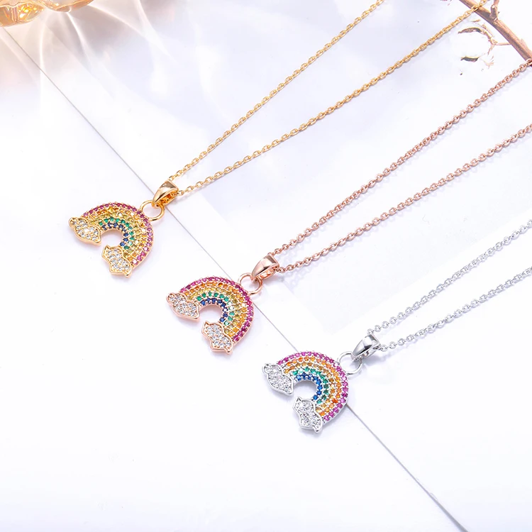 

Women 2020 New Trendy Jewelry Real Gold Silver Plated Necklace Colorful Cubic Zircon Rainbow Pendant Necklaces, As shown