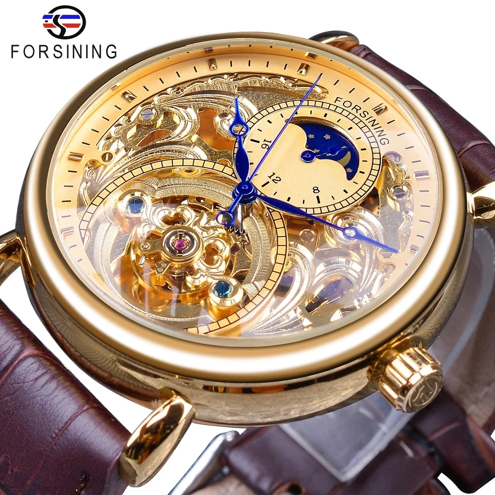 

Forsining 2019 Royal Golden Skeleton Display Blue Hands Brown Genuine Leather Belt Mens Mechanical Wristwatches Clock Male