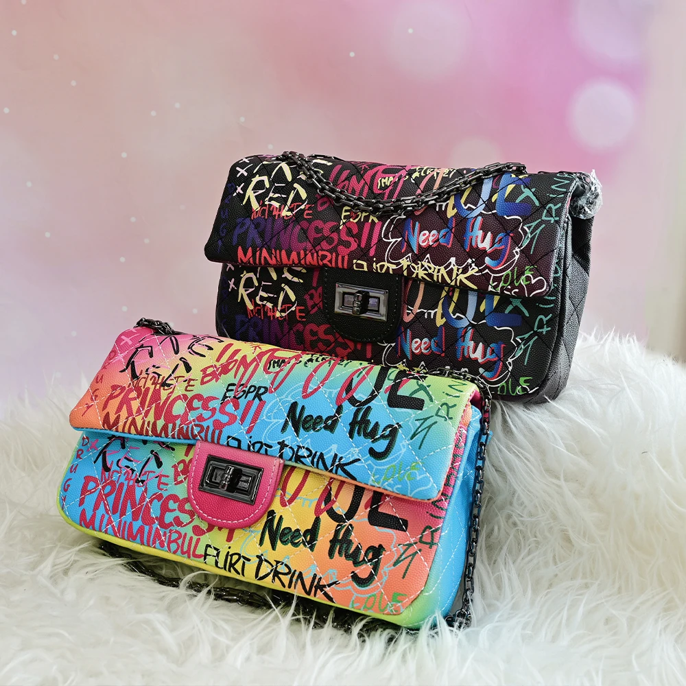 

women crossbody bags leather shoulder bag square designer sling graffiti handbag, 3 colors