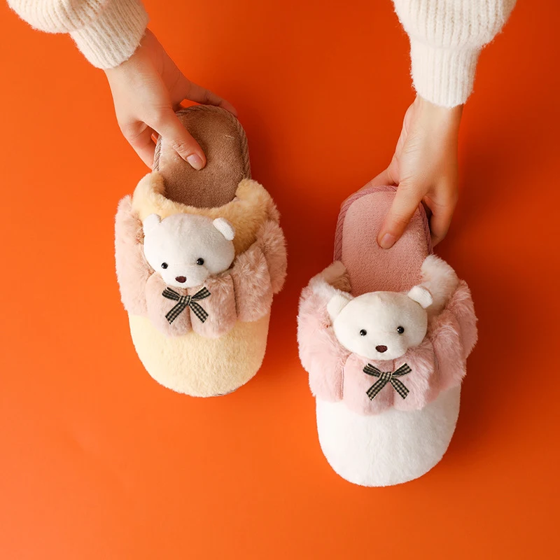 

MMX314 Sweet Style Bedroom Slippers For Women Winter Cute Cartoon Teddy Bear Slippers, As picture