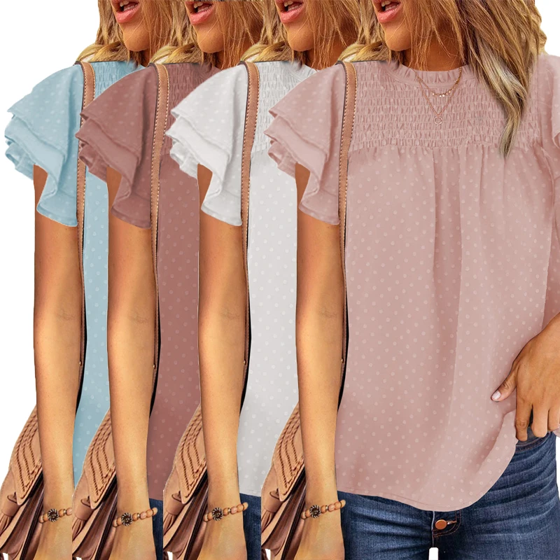 

New Design Tops Tiered Sleeve Frilled Neck Dotted Women Blouses