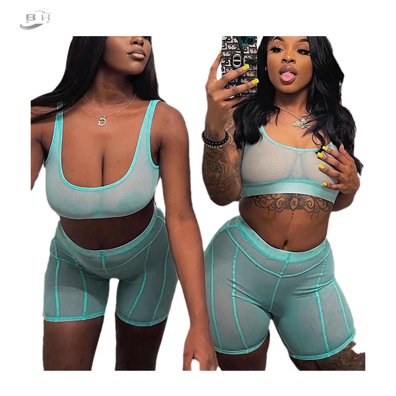 

2022 Top Trends Mesh Clothing Women Sexy See Through Two Piece Shorts Sets