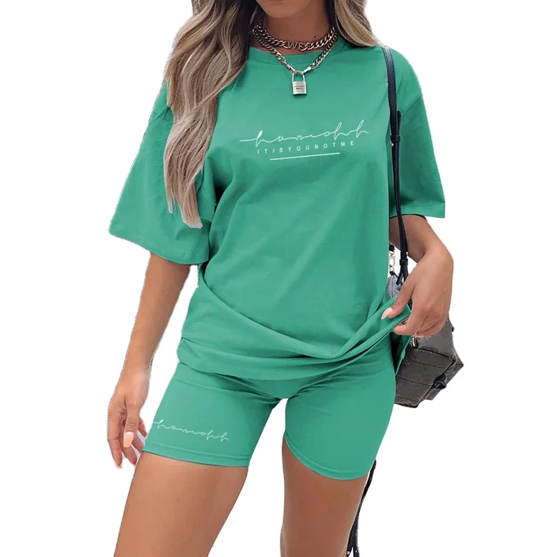 

Summer Solid Color 2 Piece Set Letter Print Casual Outfits Short Sleeve Shorts Sets Women, Black / green / purple / rose red / flesh / blue