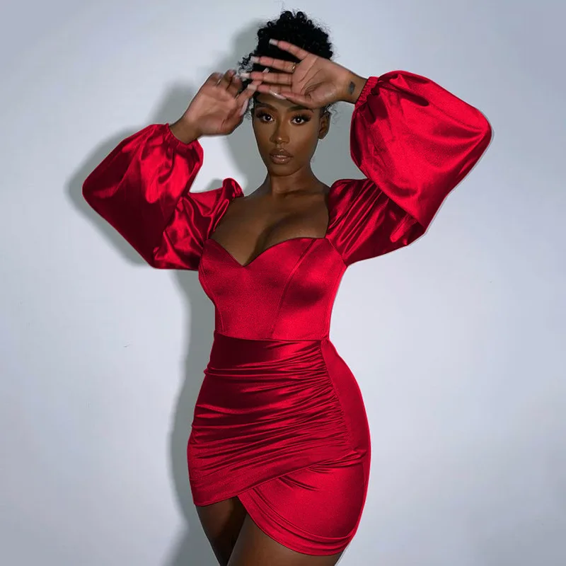 

2021 new fashion women's sexy breast wrapped red open back long sleeve high elastic satin dress, Colors