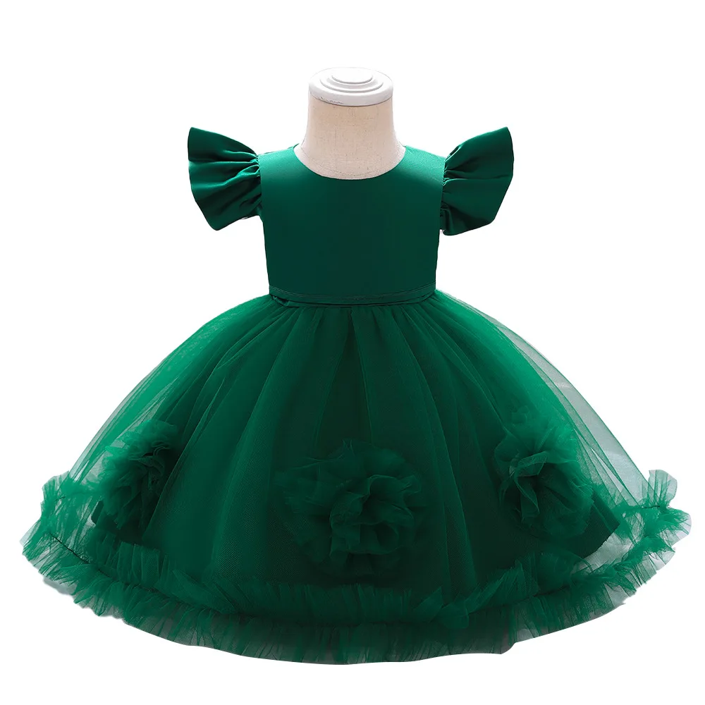 

2022 New Flying Sleeve Solid Flower Kids Girl Dress Baby Girl Wedding Dresses For 1-5 Years Old Girls Princess Dresses